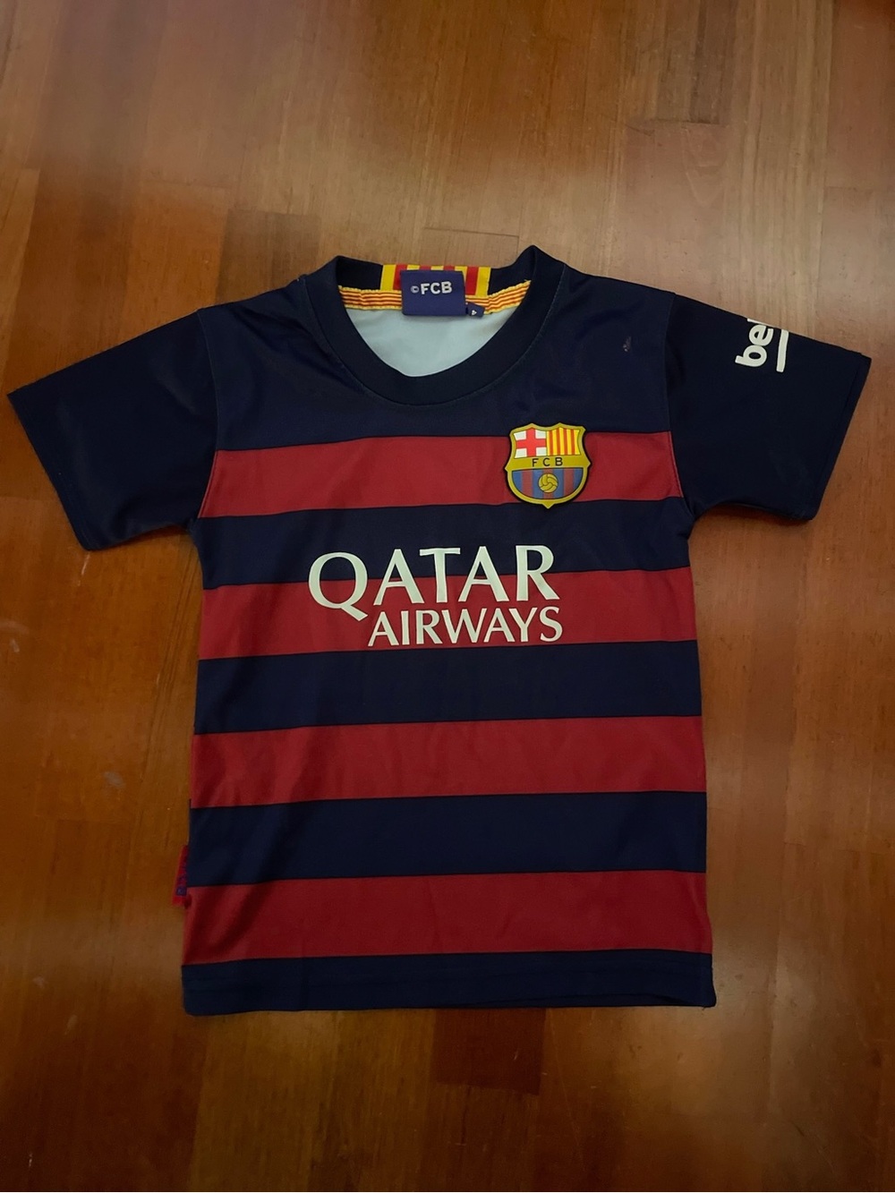 FCB Kids Navy and Maroon Striped Soccer Jersey - Qatar Airways Logo